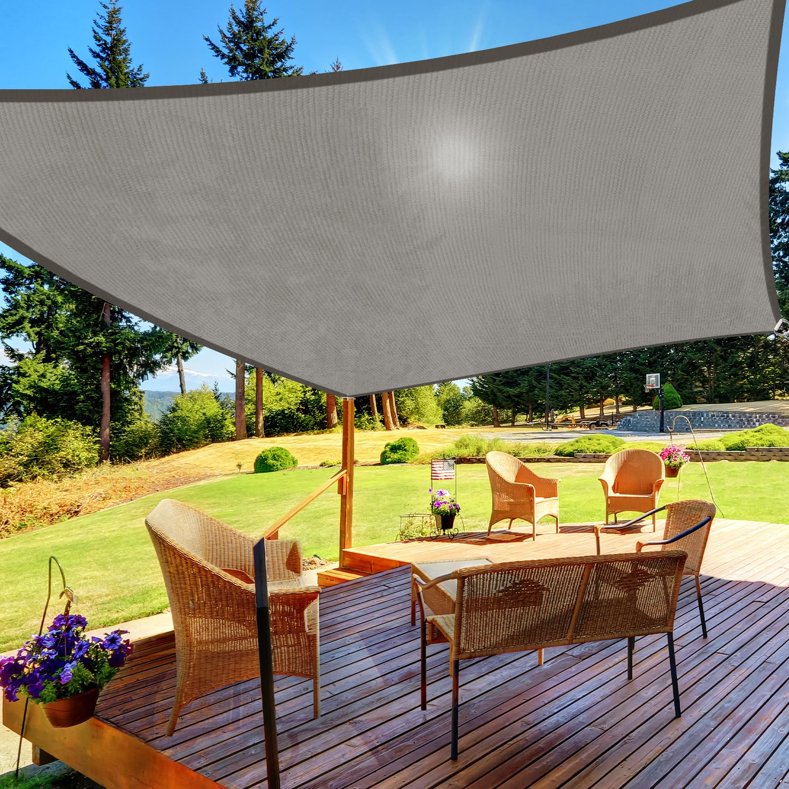 HappyTrends sun shade sail 10x13 grey assembly shows quick setup and cooling shade