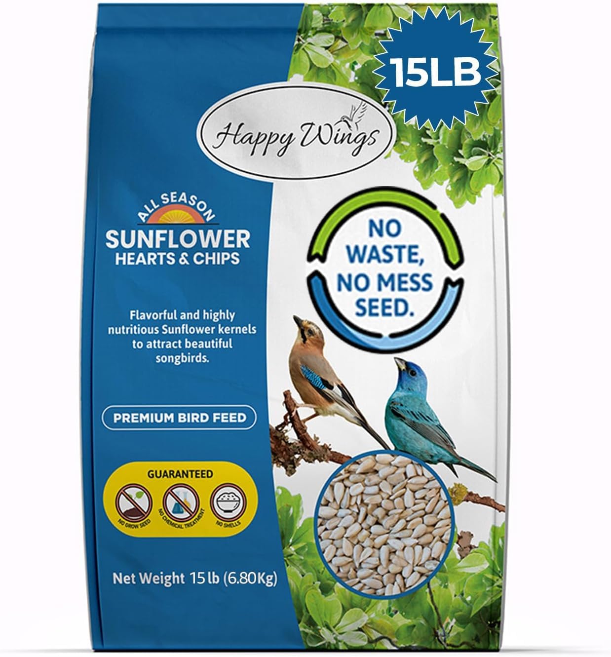 Happy Wings sunflower hearts chips bag close-up, showcasing no-mess feeding for wild birds.