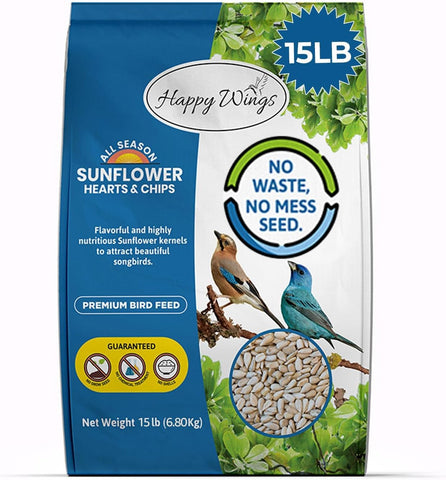Happy Wings sunflower hearts chips bag close-up, showcasing no-mess feeding for wild birds.