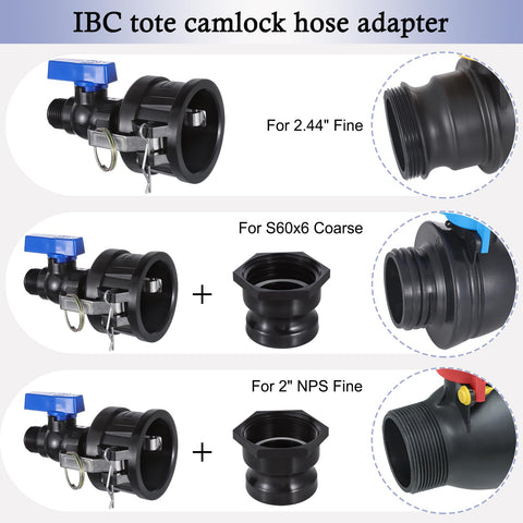 HappyWins cam-lock 2in coarse close-up highlights compatibility with standard IBC tanks.