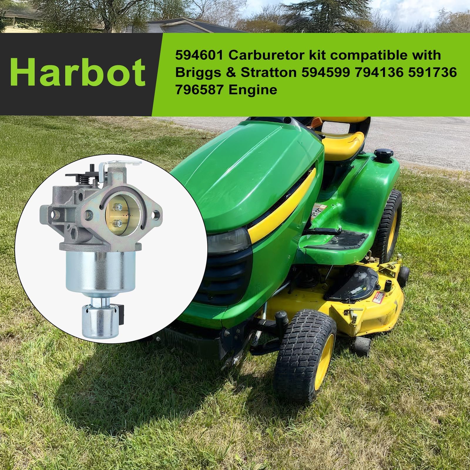 Harbot 594605 carburetor on John Deere LA110; easy compatibility for maintenance.