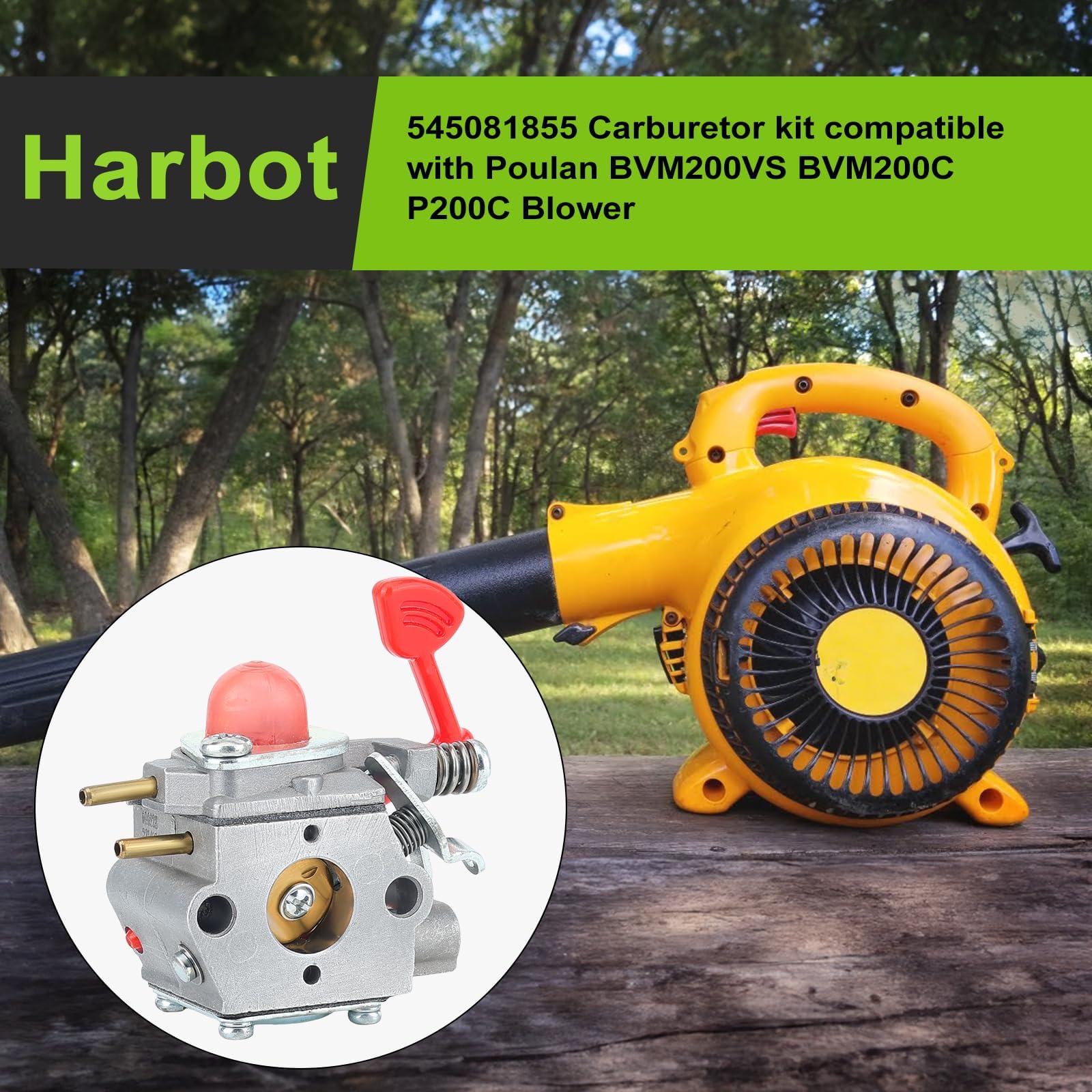 Harbot BVM200VS carburetor side view showing durable internal components for longevity.