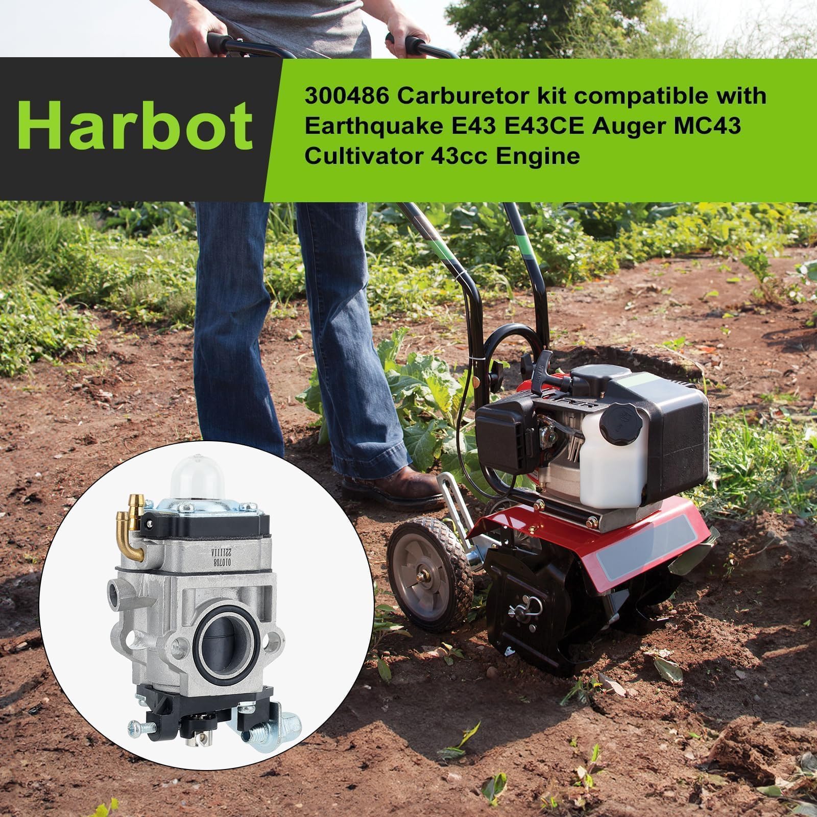 Harbot E43 carburetor kit side view highlights all-in-one components for Earthquake augers