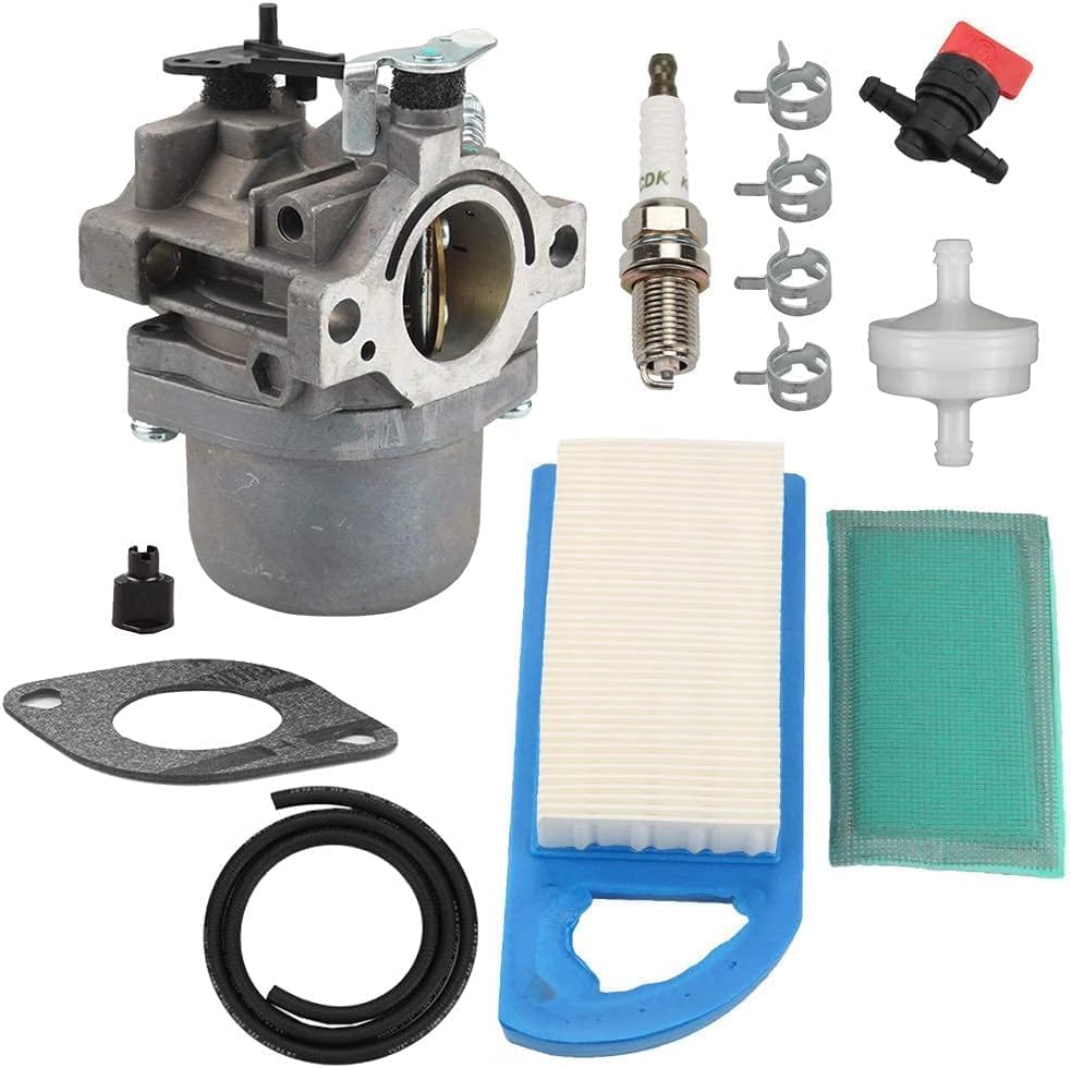 Harbot kit contents overview: carburetor, filters, spark plug, gasket.