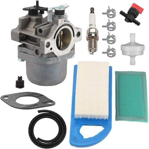Harbot kit contents overview: carburetor, filters, spark plug, gasket.