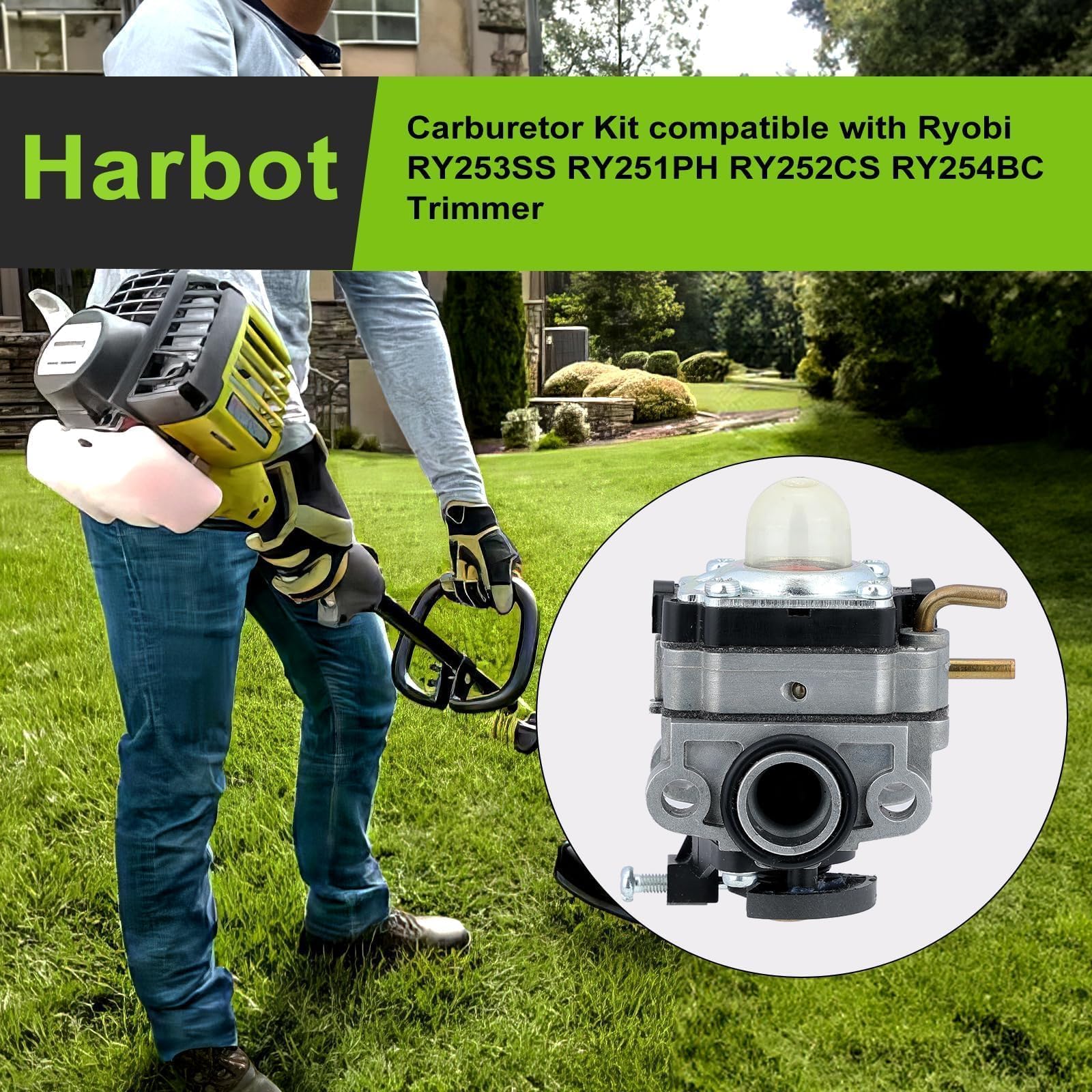 Harbot RY253SS carburetor side view, fits Ryobi and Craftsman models for durable replacement