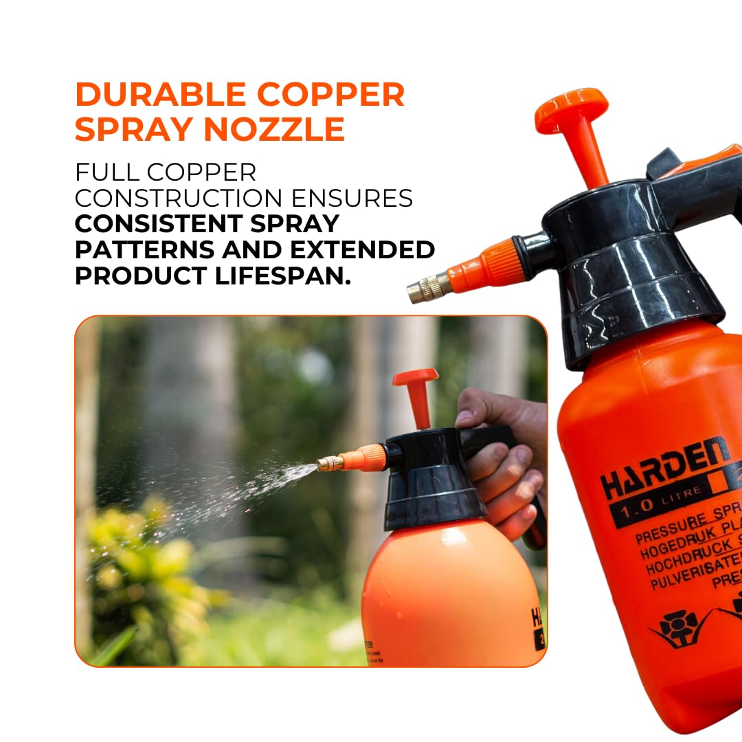 Harden hand sprayer ergonomic handle reduces fatigue during use.
