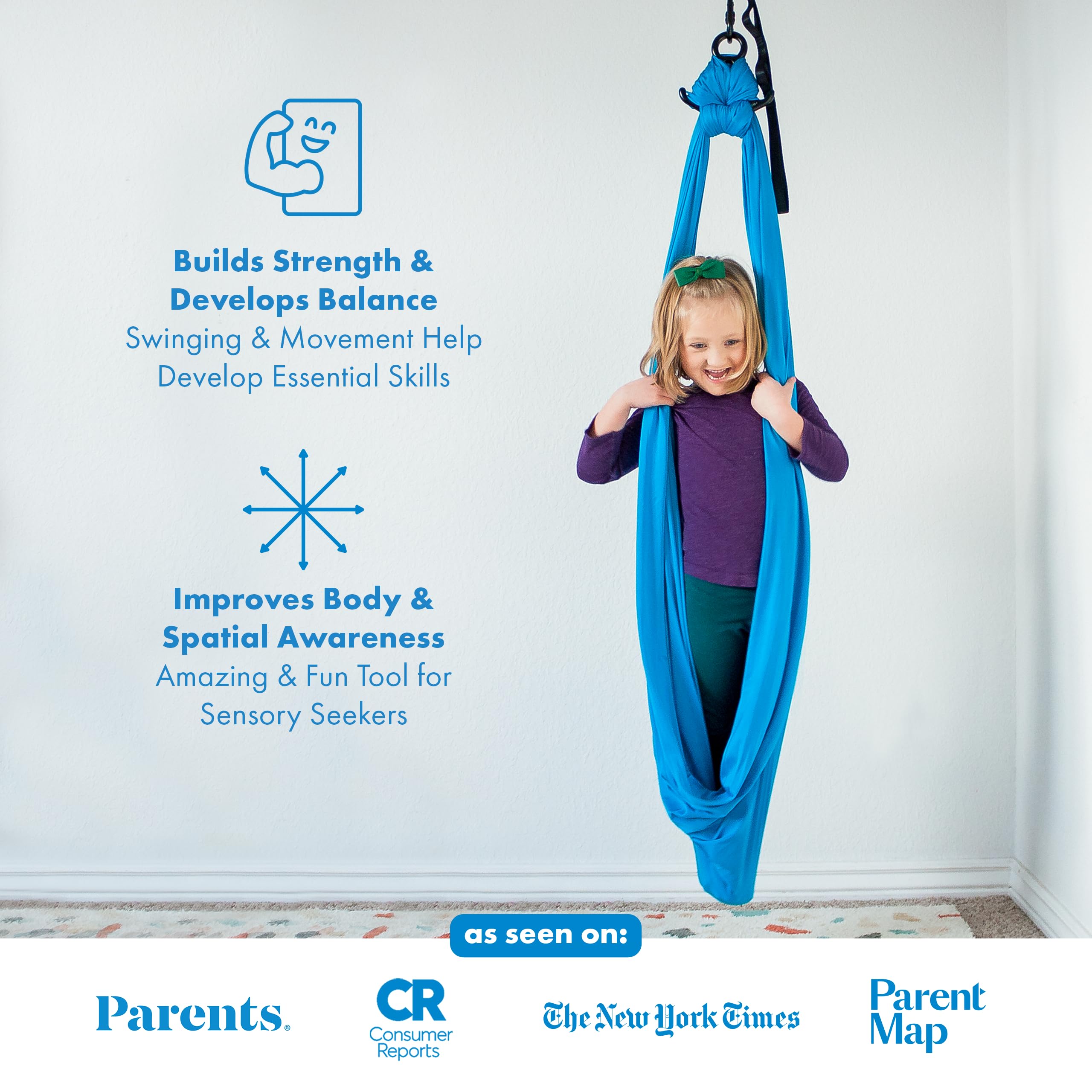 Harkla sensory swing blue 300 lbs capacity demonstrates inclusive use