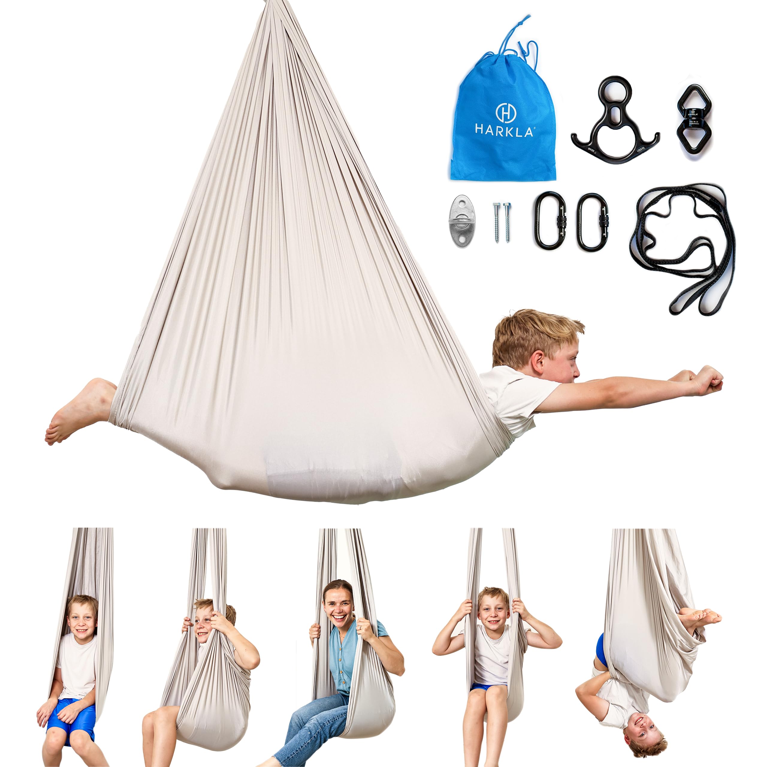Harkla sensory swing in gray 100-inch design for indoor-outdoor calm-inducing use