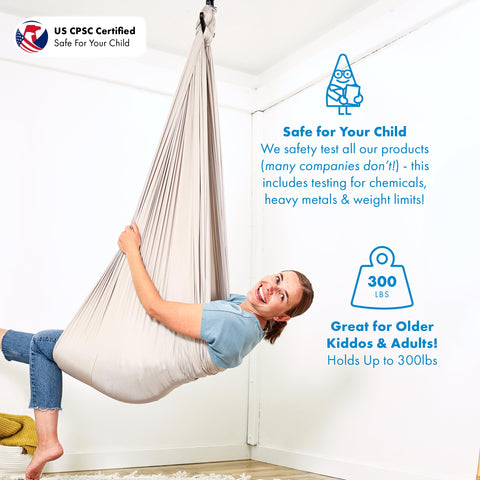 Harkla sensory swing with heavy-duty hardware supports up to 300 lbs for secure, adjustable setup