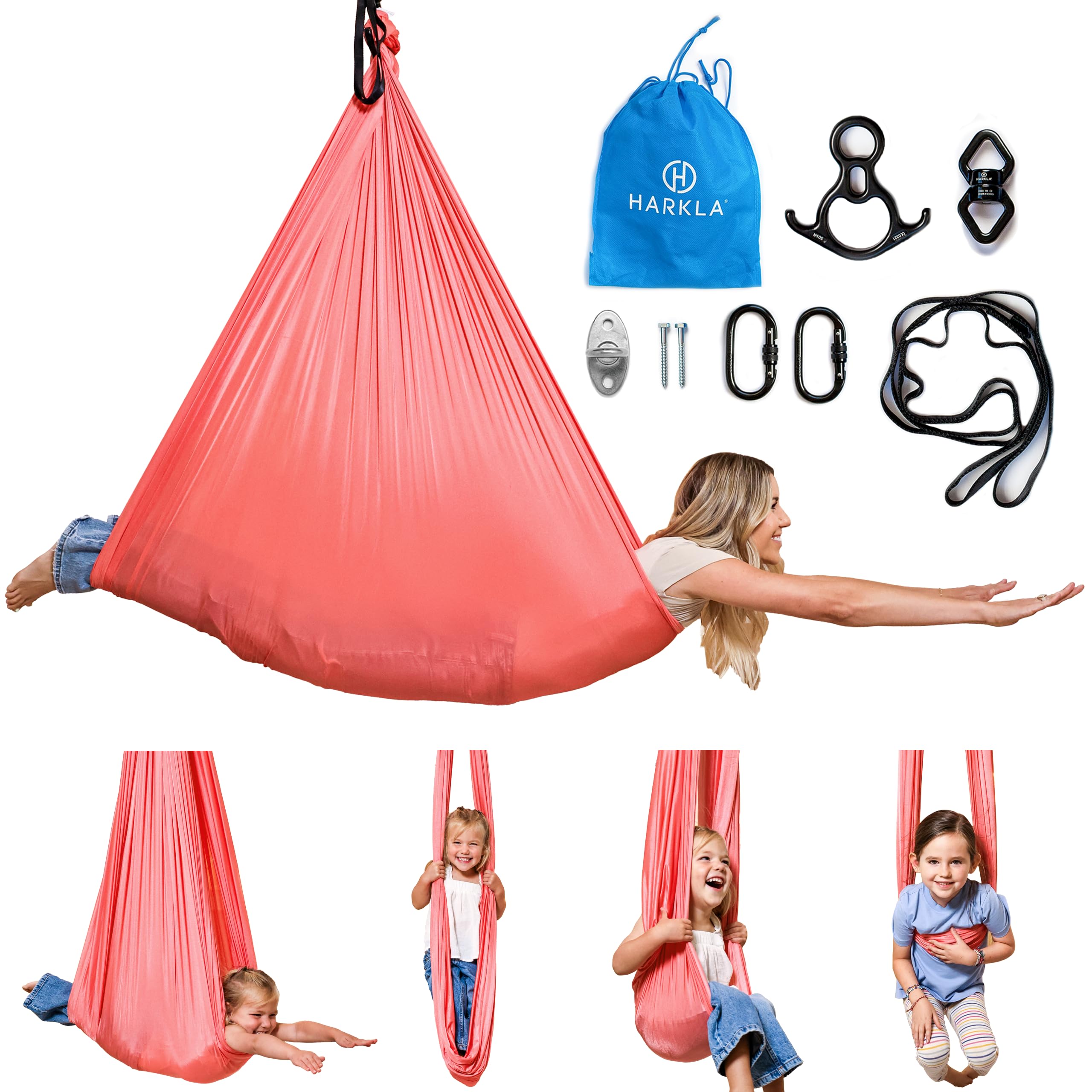 Harkla Sensory Swing pink 100-inch assembly view for easy hanging setup.