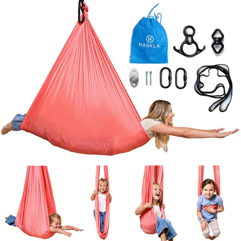 Harkla Sensory Swing pink 100-inch assembly view for easy hanging setup.