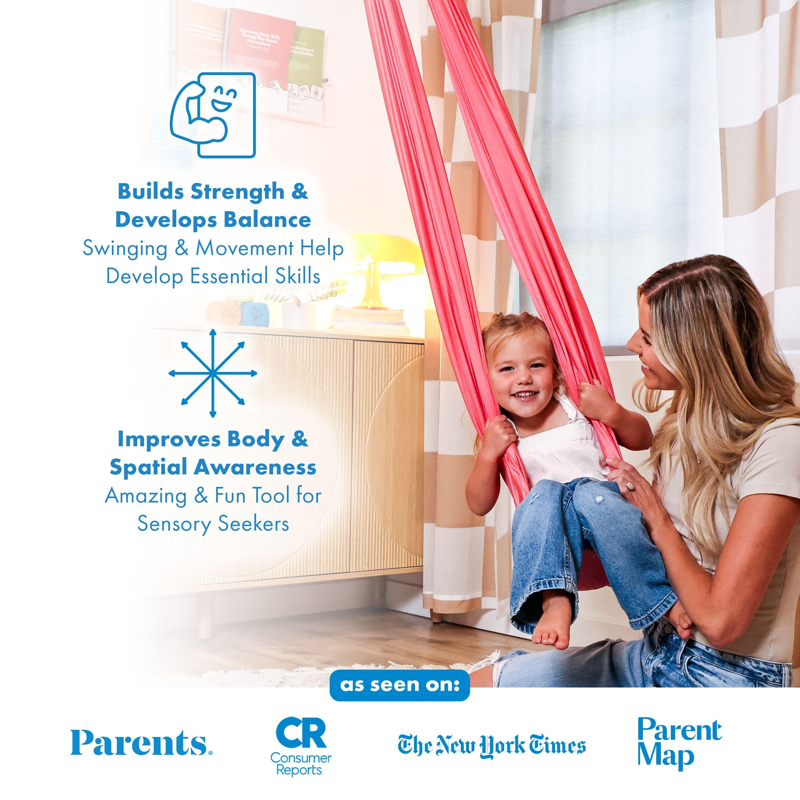 Harkla Sensory Swing pink supports up to 300 lbs safely.