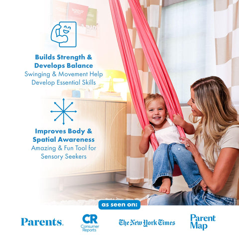 Harkla Sensory Swing pink supports up to 300 lbs safely.