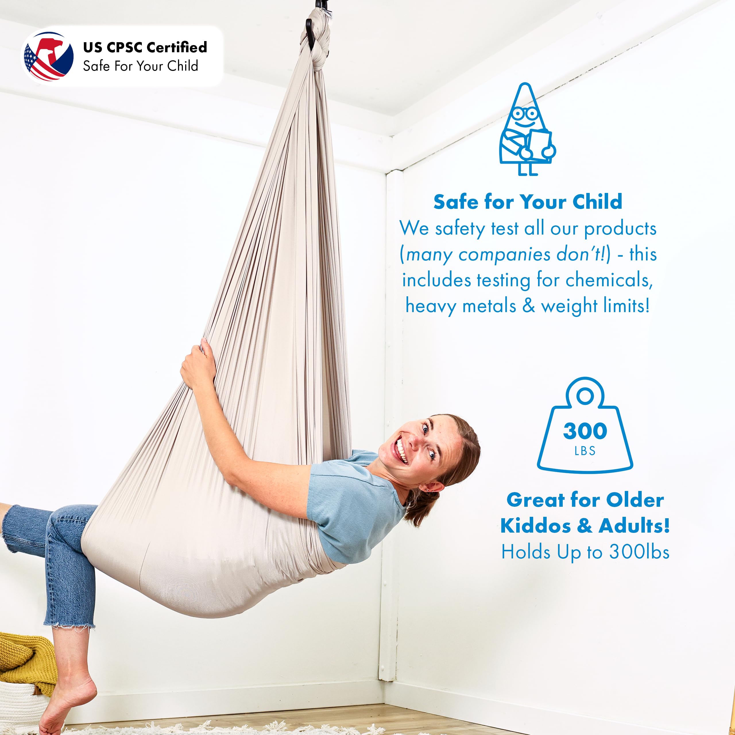 Harkla sensory swing soft nylon cloth offers comfy, sag-free seating