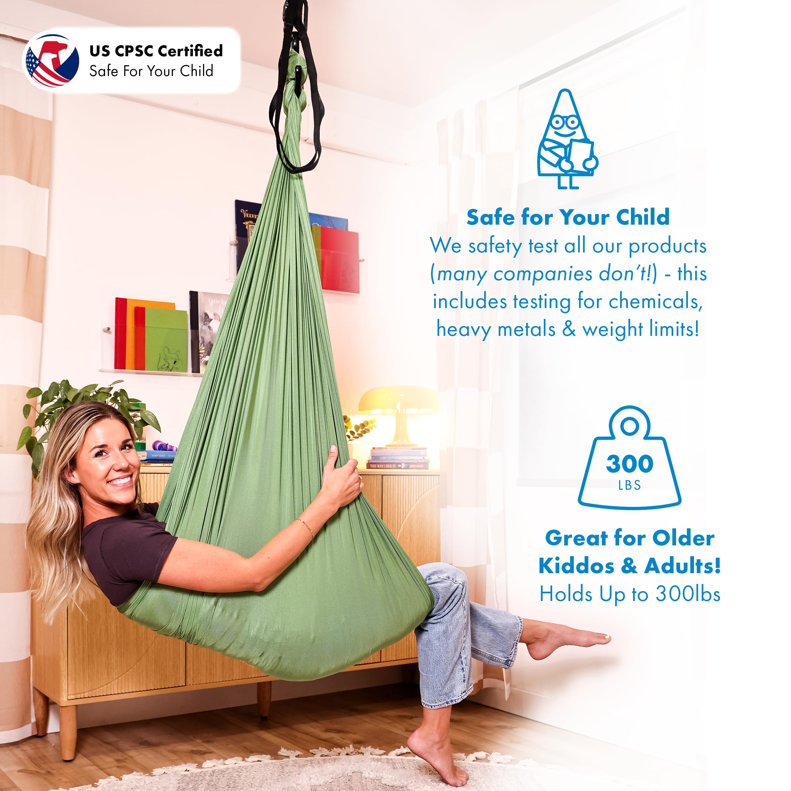 Harkla Sensory Swing soft stretch fabric provides comfortable, sag-free lounging and play.