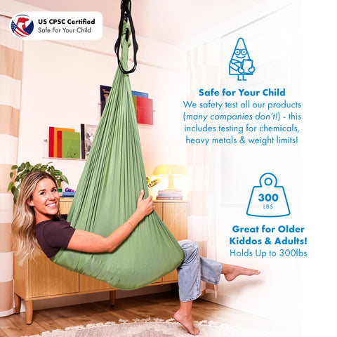 Harkla Sensory Swing soft stretch fabric provides comfortable, sag-free lounging and play.