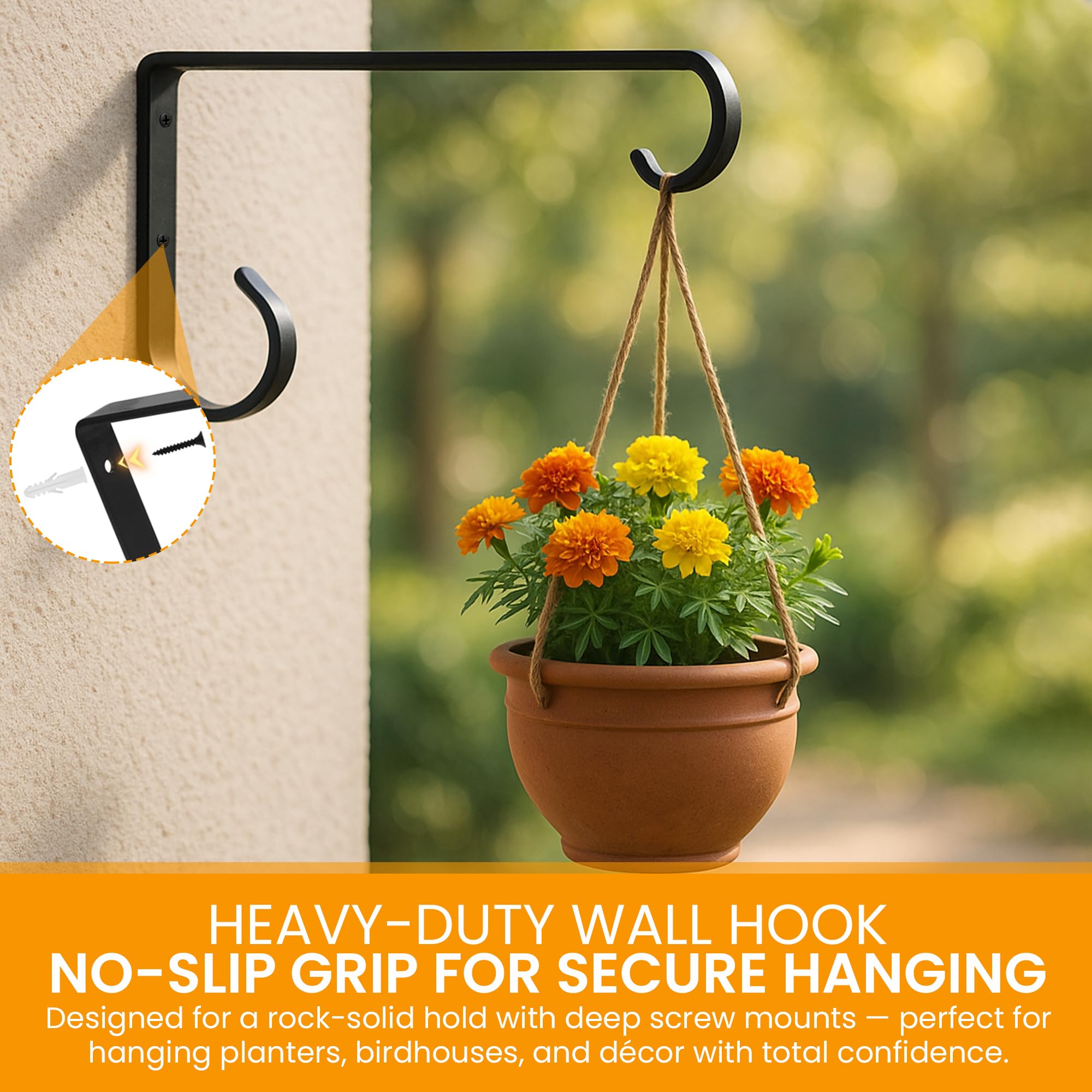 Two-pack metal plant brackets provide sturdy wall decor and planter support.