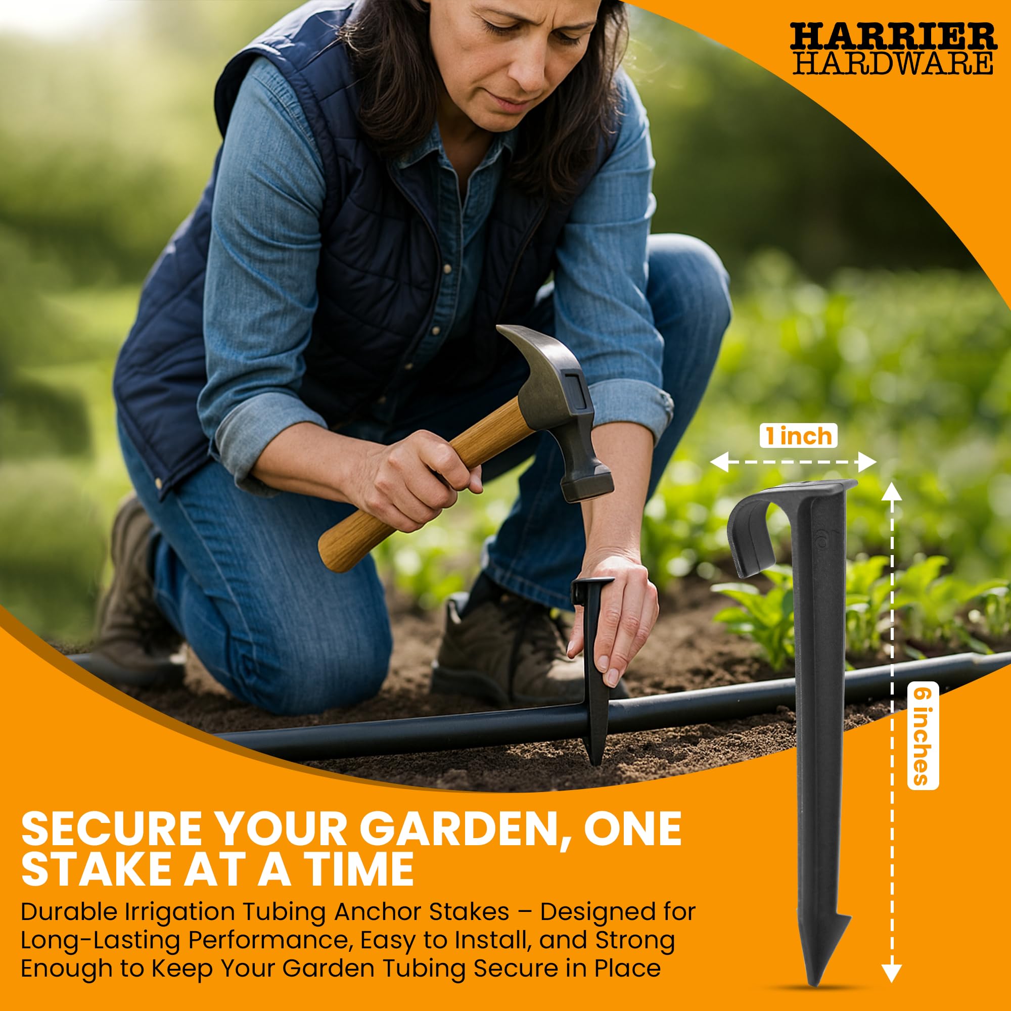 Harrier Hardware versatile stakes secure hoses near borders and greenhouse beds.