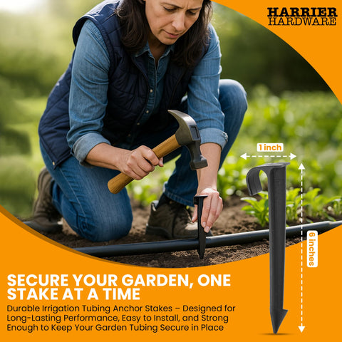 Harrier Hardware versatile stakes secure hoses near borders and greenhouse beds.