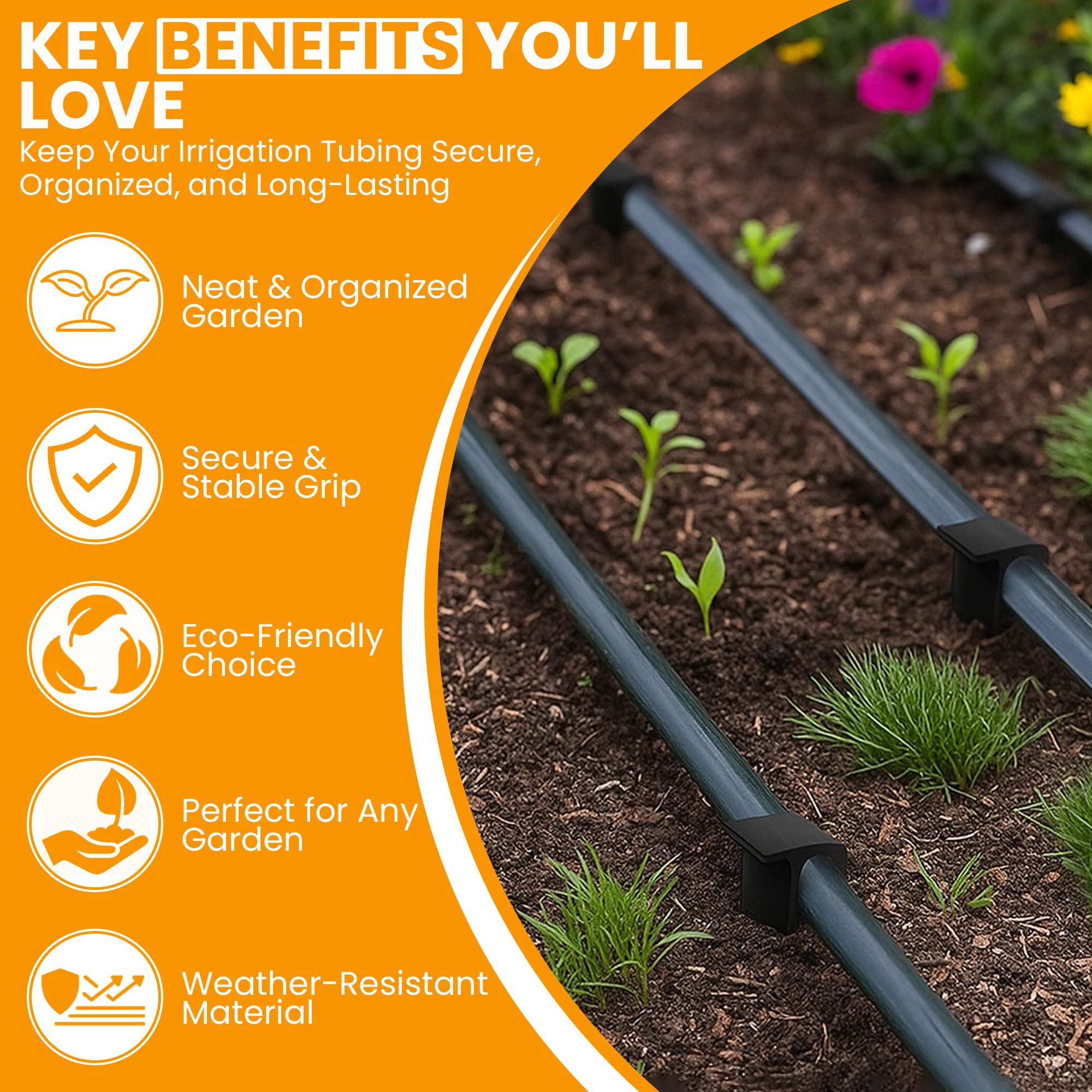 Harrier Hardware tri-angled barbed shank grips diverse soils and prevents hose shifting.