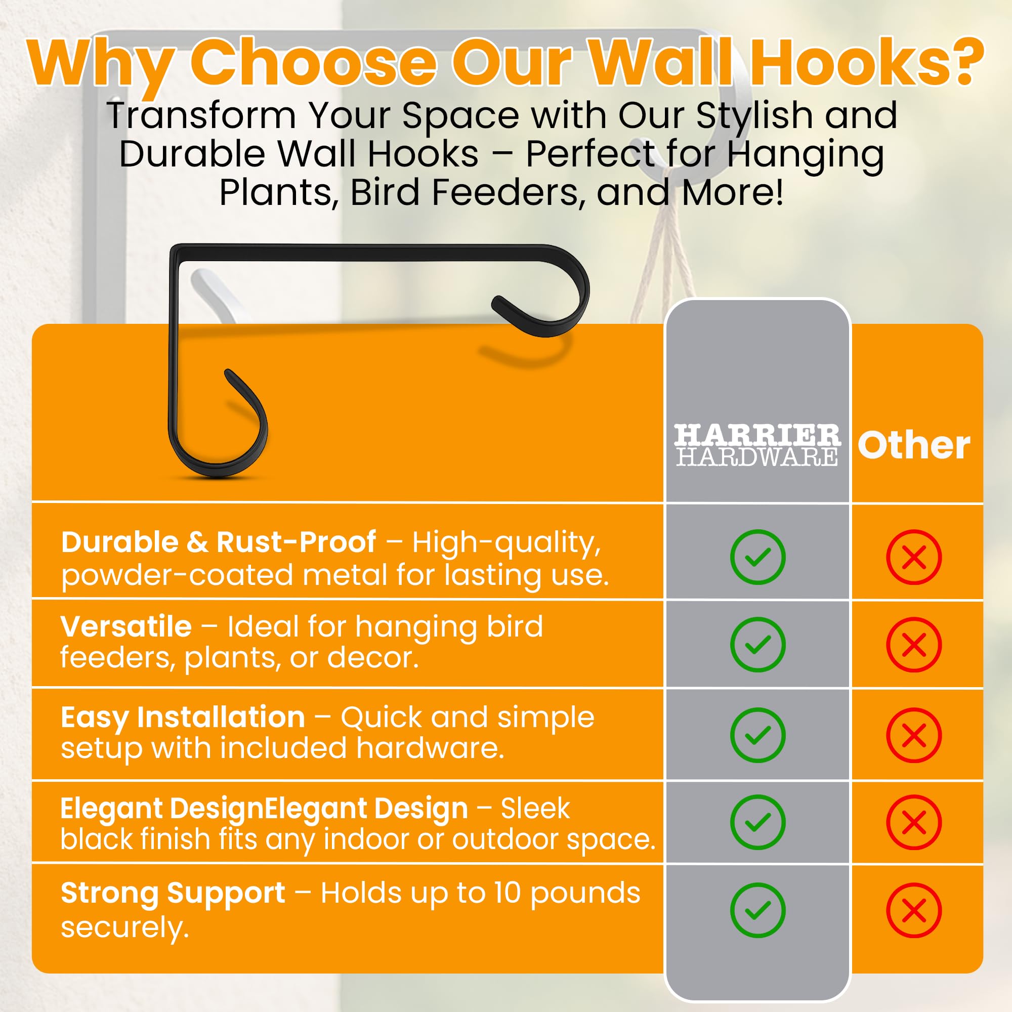 Wind chimes hung on Harrier Hardware bracket enhance outdoor ambience.
