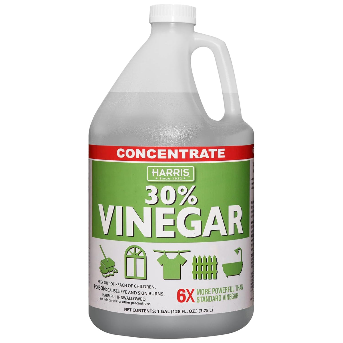 Harris 30% vinegar bottle for high-strength cleaning on kitchen and bathroom surfaces.