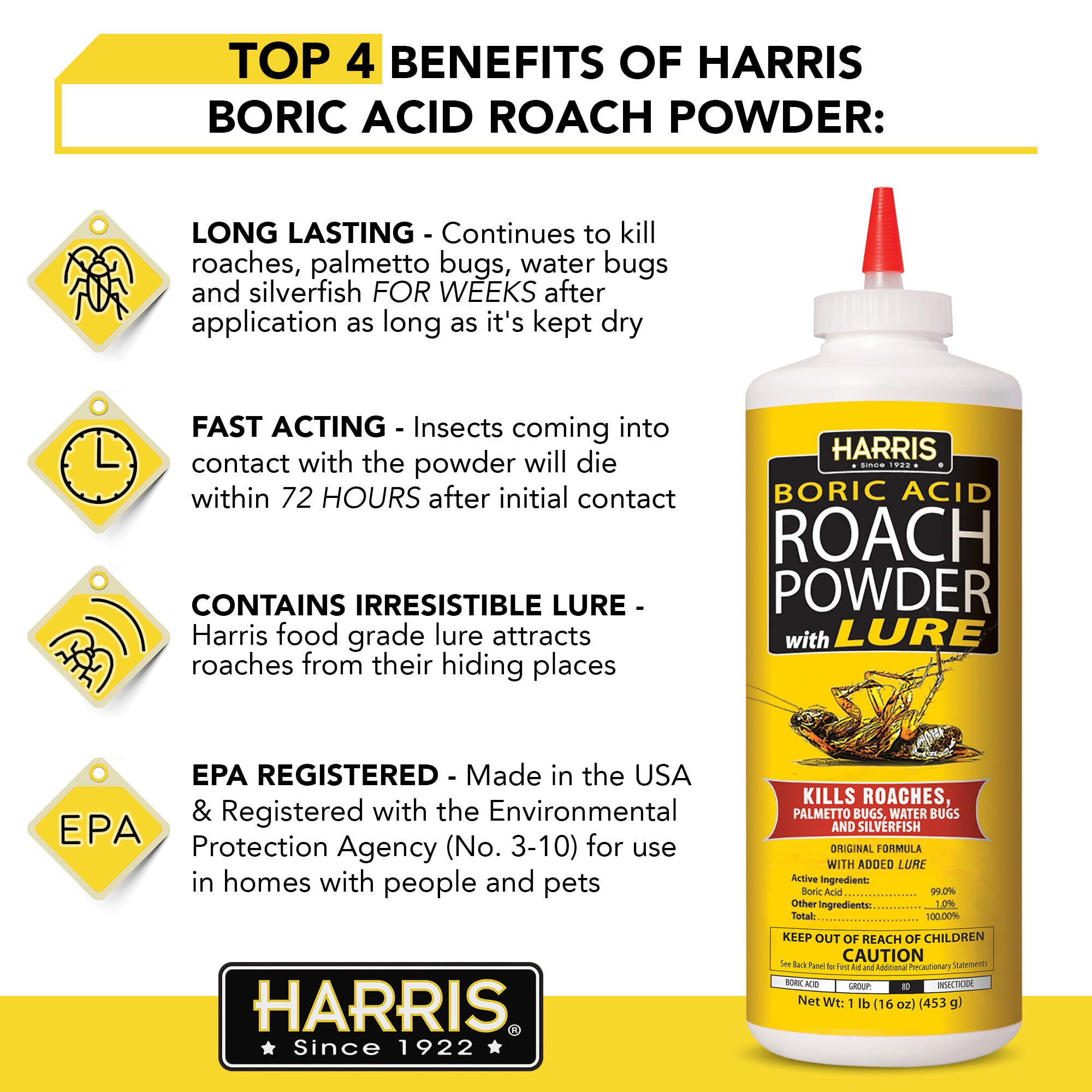 Powder dusting cracks using HARRIS boric acid to reach hiding roaches.