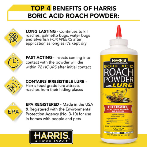 Powder dusting cracks using HARRIS boric acid to reach hiding roaches.