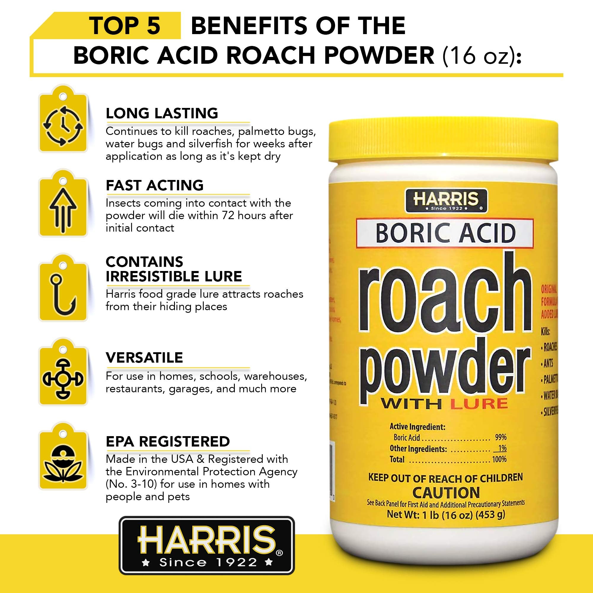 HARRIS Boric Acid Roach Killer Powder dusting into cracks demonstrates targeted application.