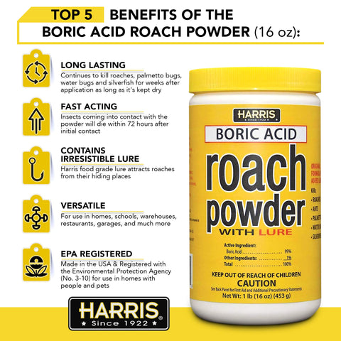 HARRIS Boric Acid Roach Killer Powder dusting into cracks demonstrates targeted application.