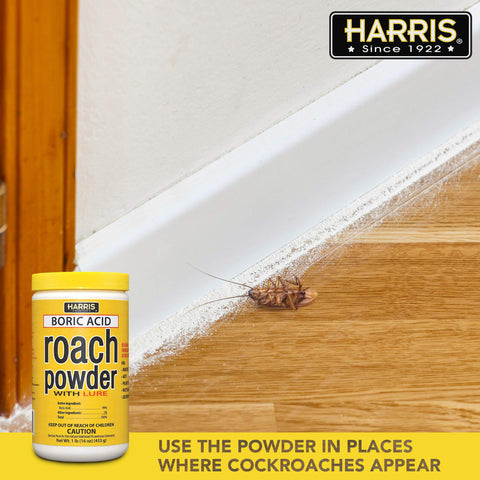 HARRIS Boric Acid Roach Killer Powder used in kitchens and garages showcases versatile use.