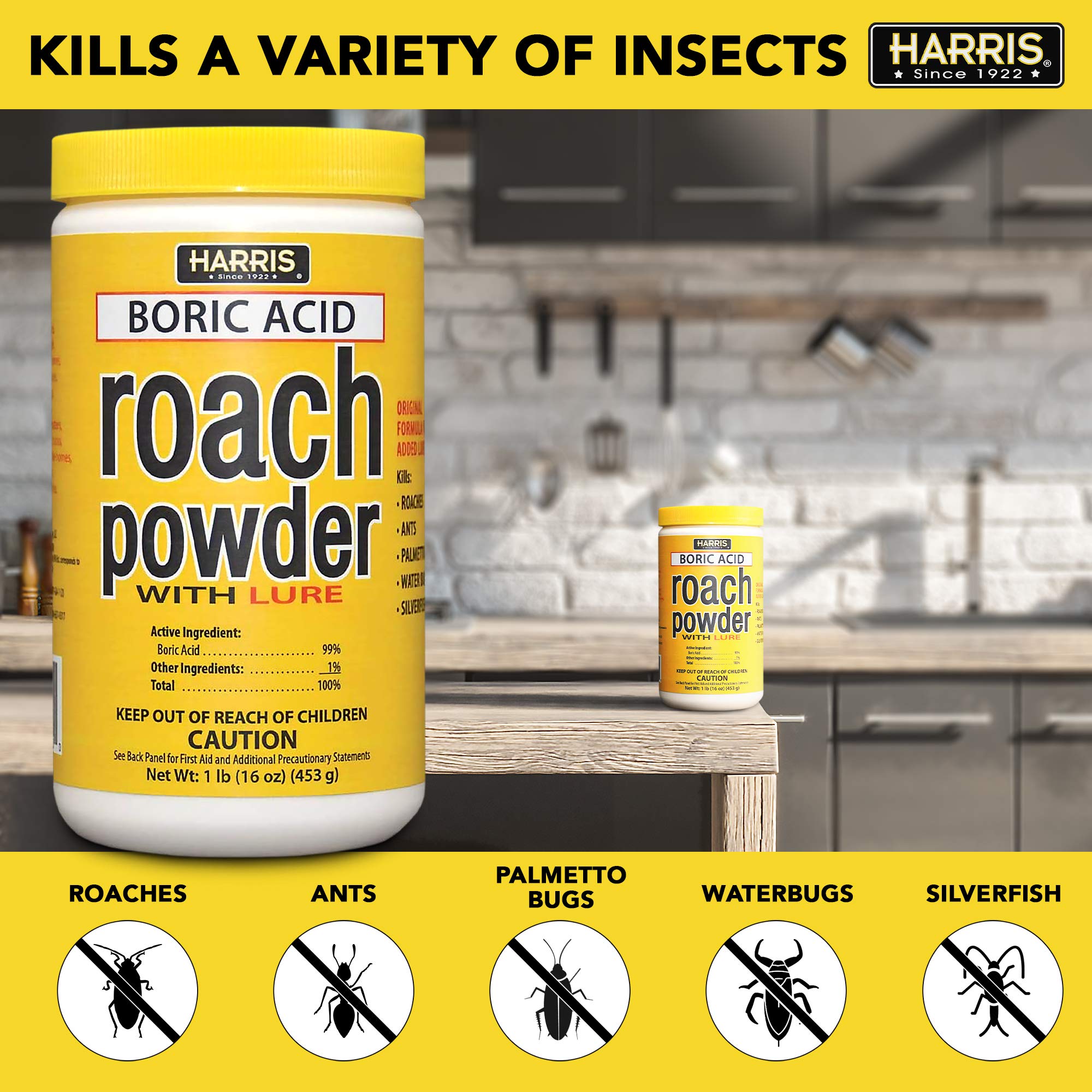 HARRIS Boric Acid Roach Killer Powder close-up shows irresistible lure attracting roaches from hiding spots.