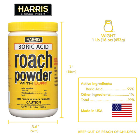 HARRIS Boric Acid Roach Killer Powder USA-made EPA-registered label signals safety and compliance.