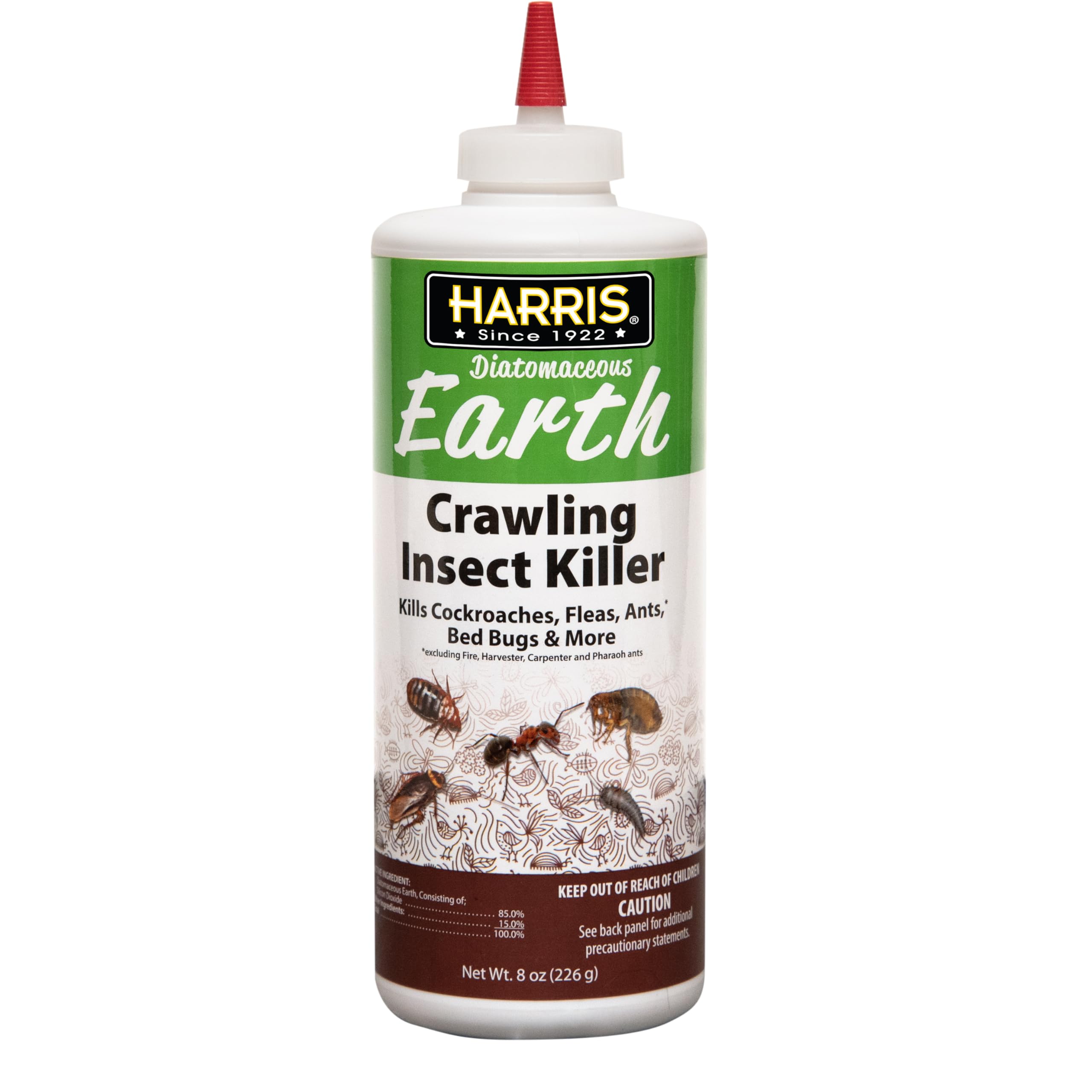 HARRIS 8 oz diatomaceous earth dust targets ants for safe home pest control.