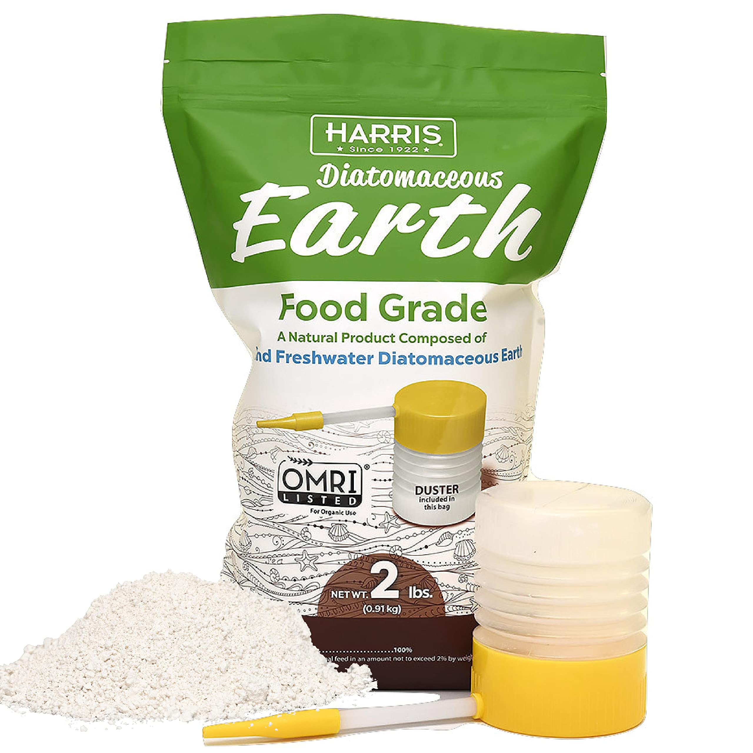 HARRIS diatomaceous earth 2lb bag with clear label, ready for safe use