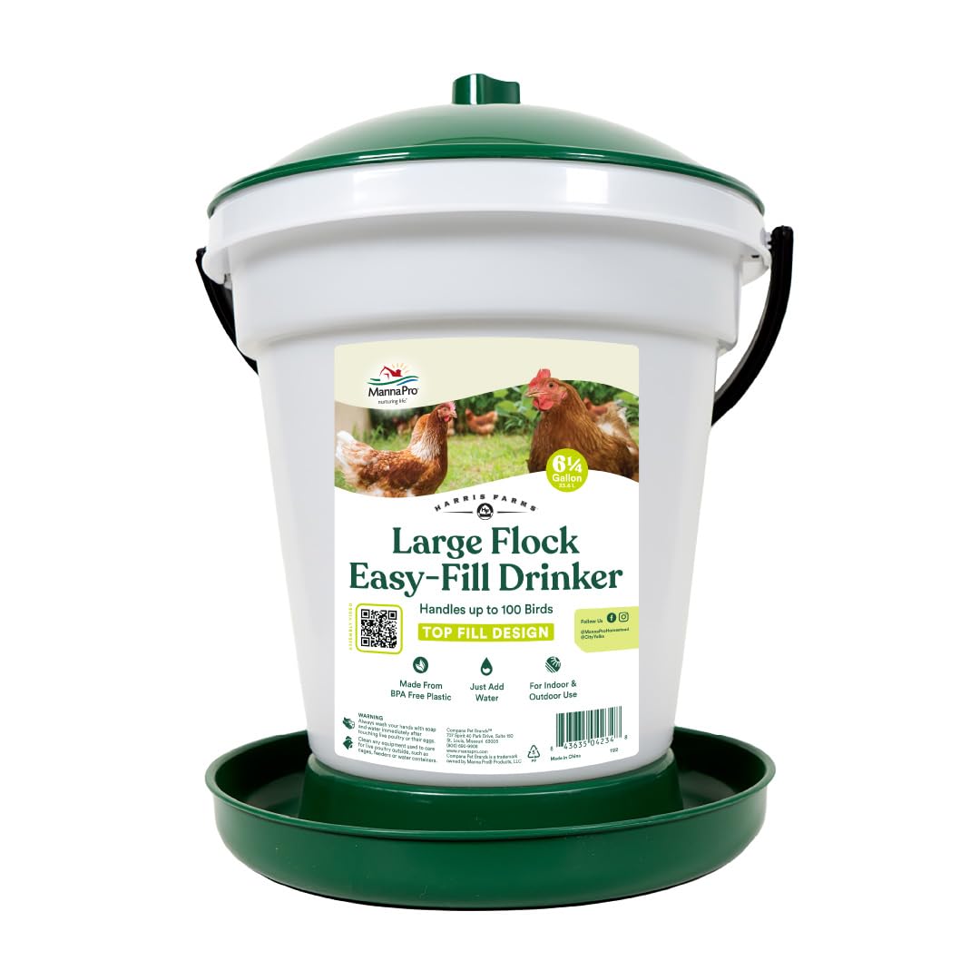 Harris Farms large flock easy-fill poultry drinker shown with 6.25-gallon capacity for reliable flock hydration