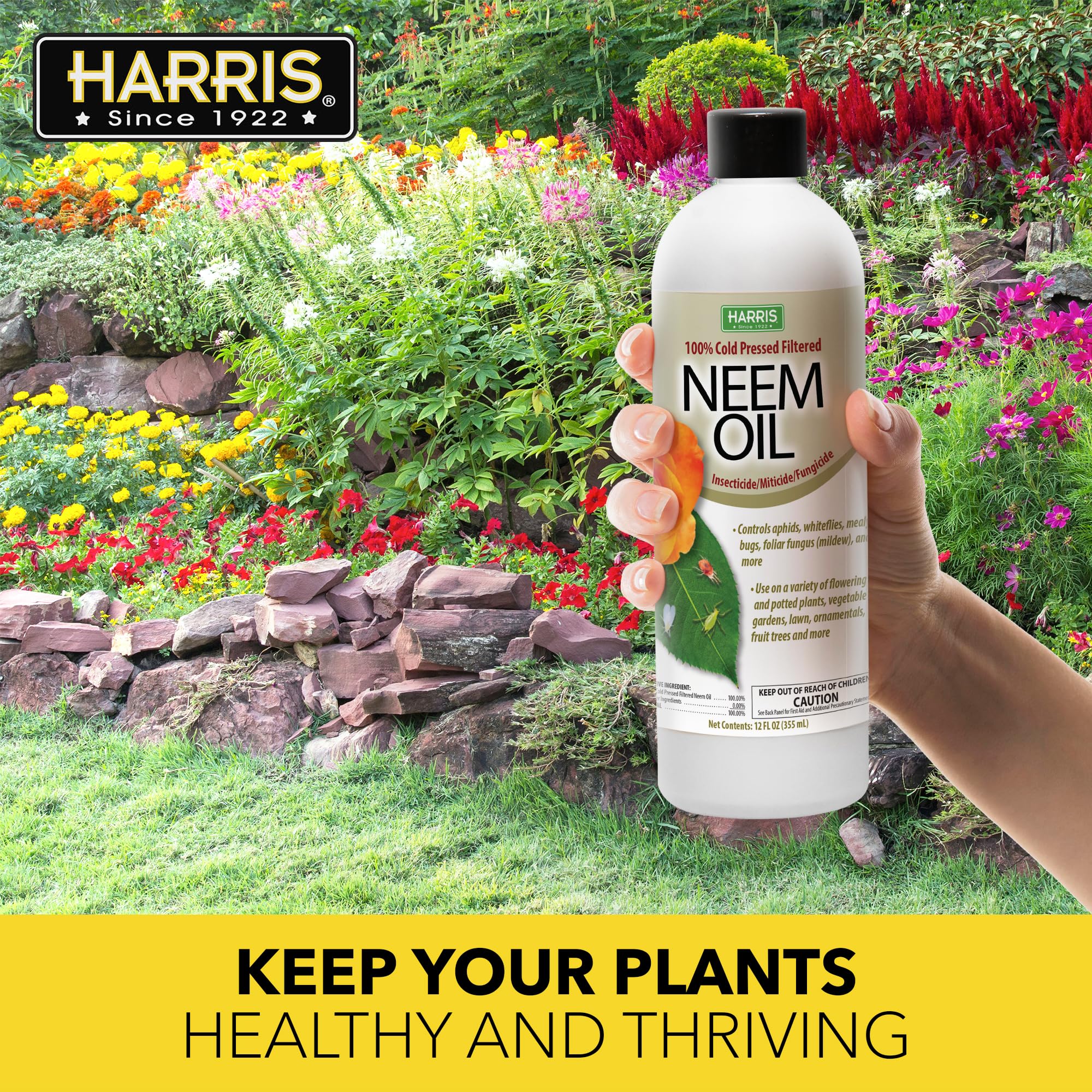 EPA-registered seal on Harris neem oil concentrate.