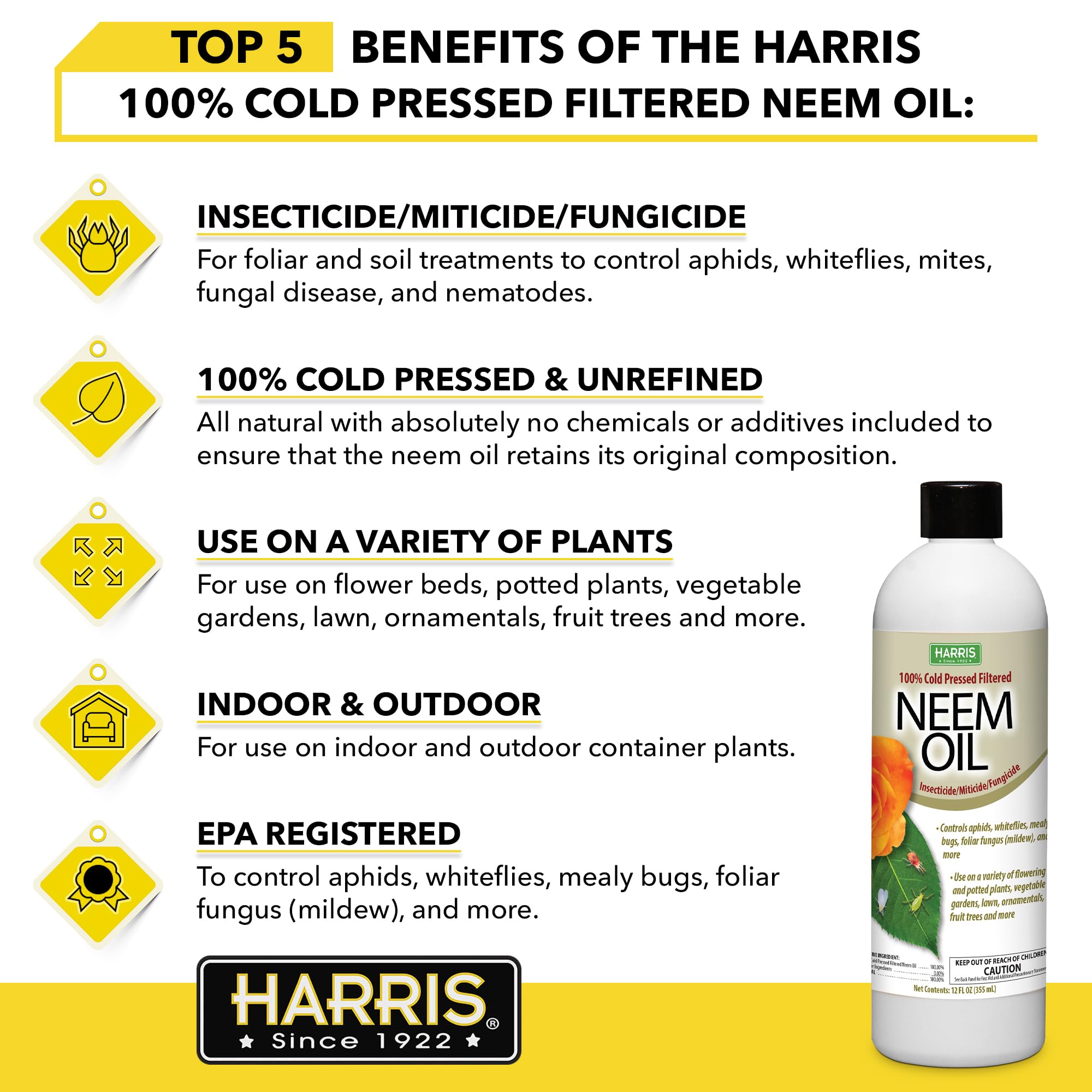 Organic gardening with Harris neem oil concentrate for healthy-looking plants.
