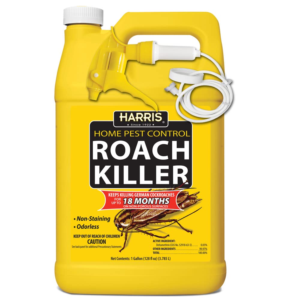 HARRIS Roach Killer gallon bottle highlighting long-lasting pest control for repeated applications.