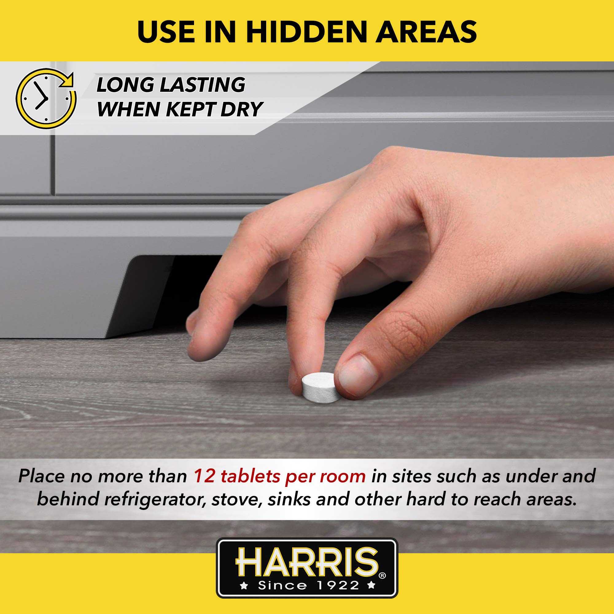 Harris Roach Tablets cabinet installation for concealed infestation management.