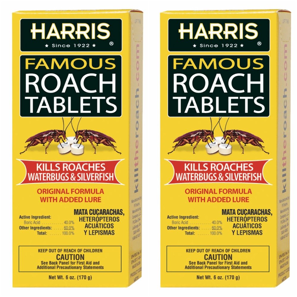 Harris Roach Tablets lure close-up showing boric acid formula for targeted attraction in kitchens and cabinets.