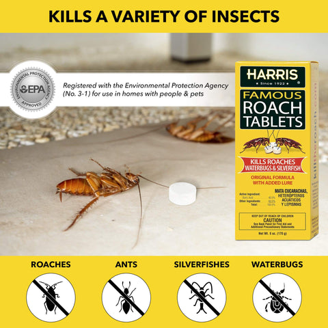 Harris Roach Tablets under an appliance demonstrating hidden-area use in the kitchen.
