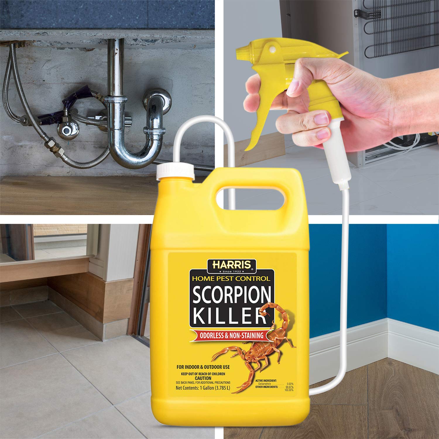 HARRIS Scorpion Killer extended trigger sprayer targets hard-to-reach scorpion hiding spots.