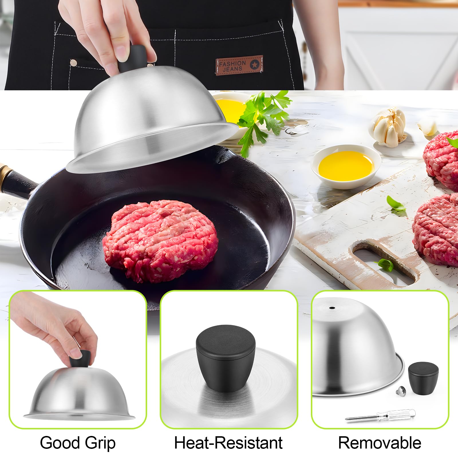 HaSteeL dishwasher-safe grill lid on a teppanyaki skillet for easy cleanup