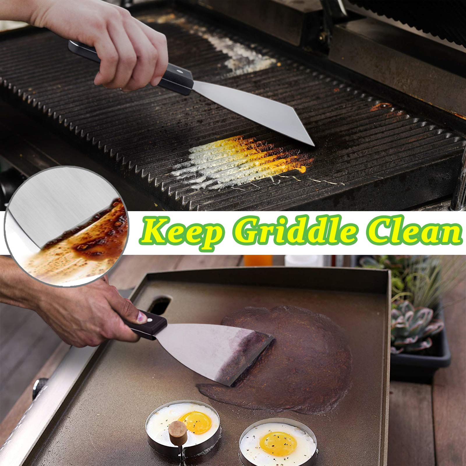 HaSteeL Griddle Scraper with beech wood handle provides heat resistance.