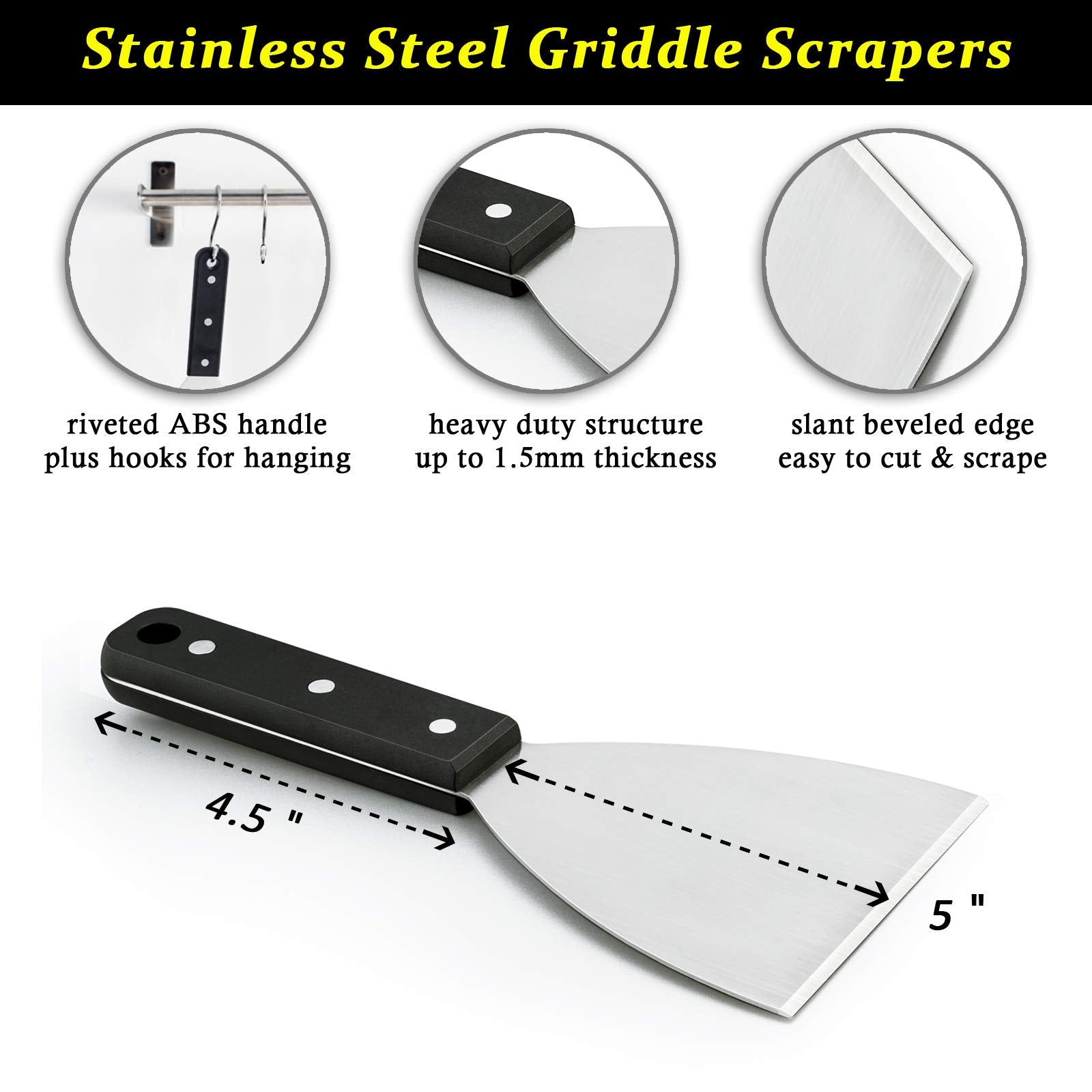 HaSteeL stainless steel scraper highlights durable 1.5mm material for tough cleaning.