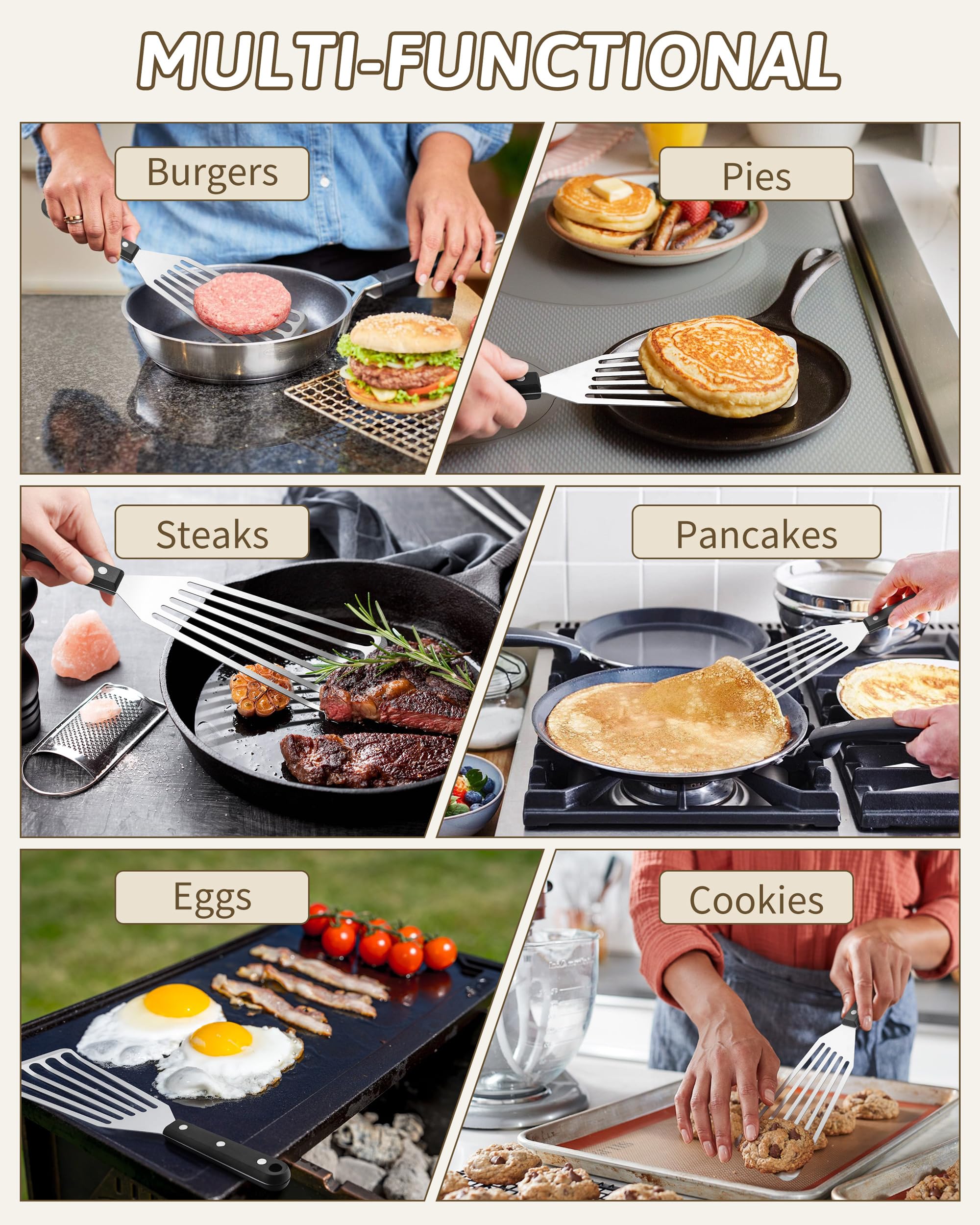 HaSteeL spatula in action flipping a fish fillet in pan.