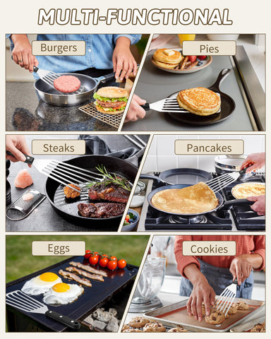HaSteeL spatula in action flipping a fish fillet in pan.