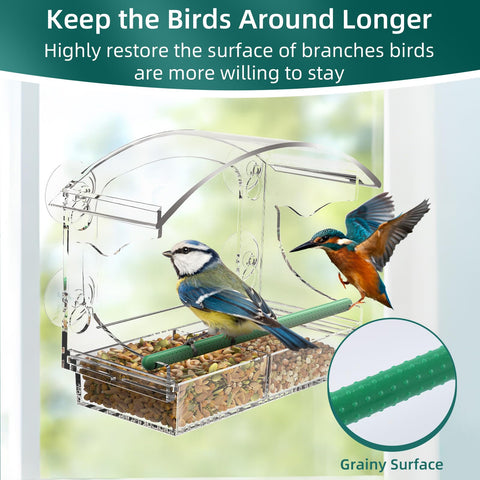 Hasuber clear acrylic window feeder offers a clutter-free view of backyard birds.